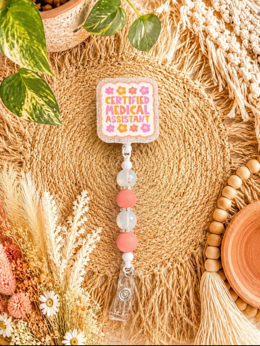 Certified Medical Assistant Badge Reel – Pink Beaded Retractable ID Holder