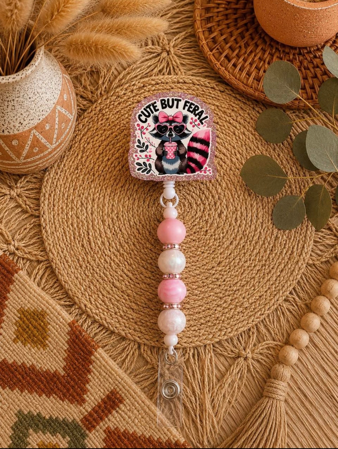 Cute But Feral Badge Reel – Pink Beaded Retractable ID Holder