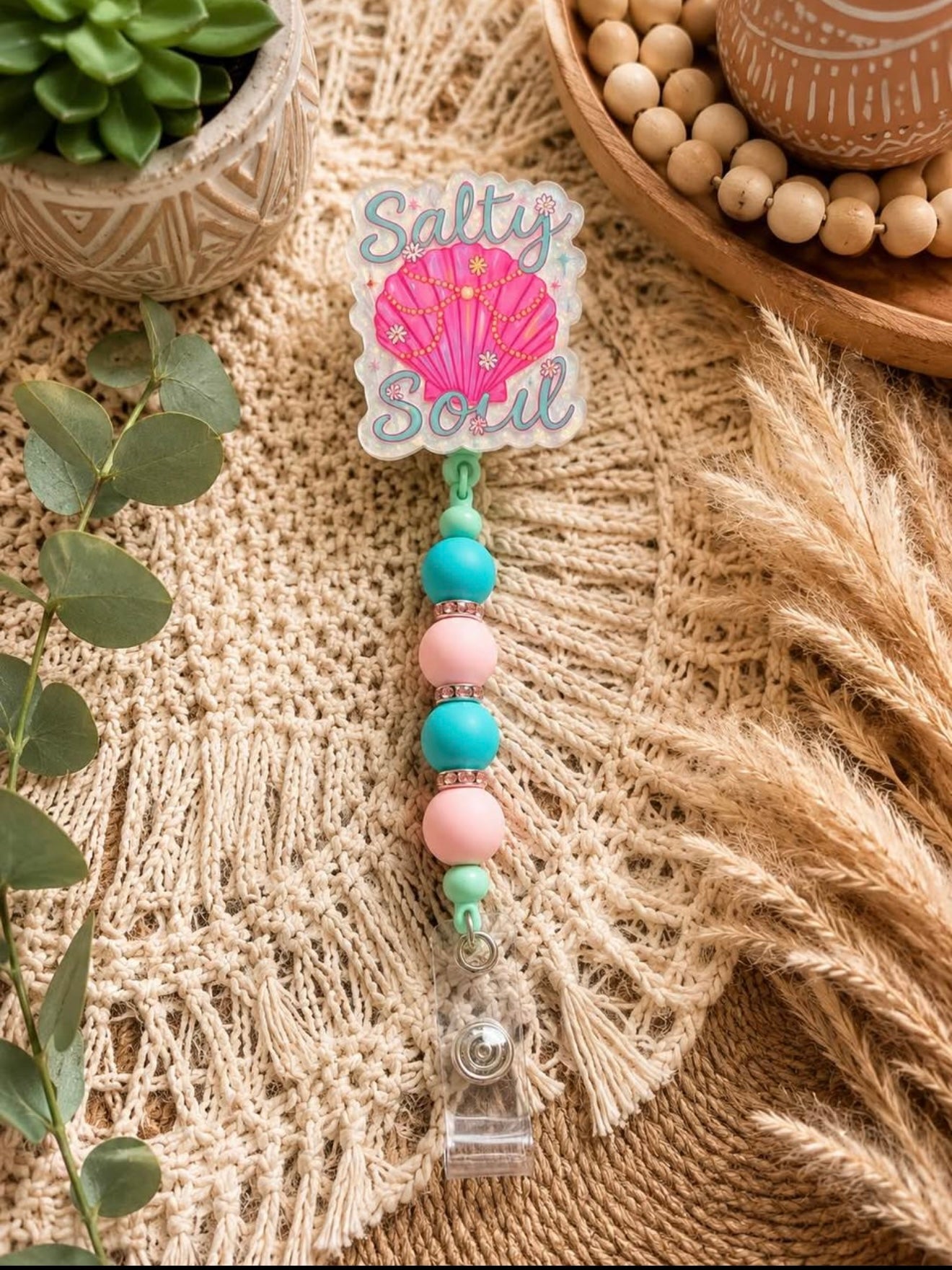 Salty Soul Beaded Badge Reel – Cute Beach Inspired Belt Clip ID Holder
