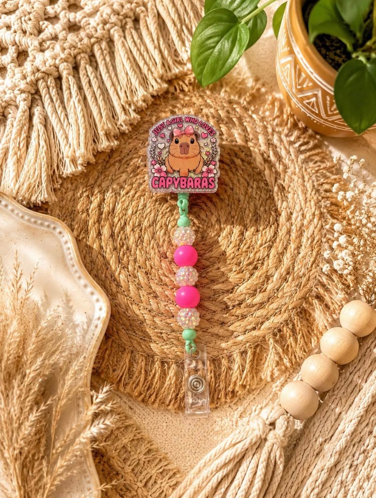 Capybara Badge Reel | Cute Pink & Mint Beaded Retractable ID Holder for Nurses, Teachers & Office Staff