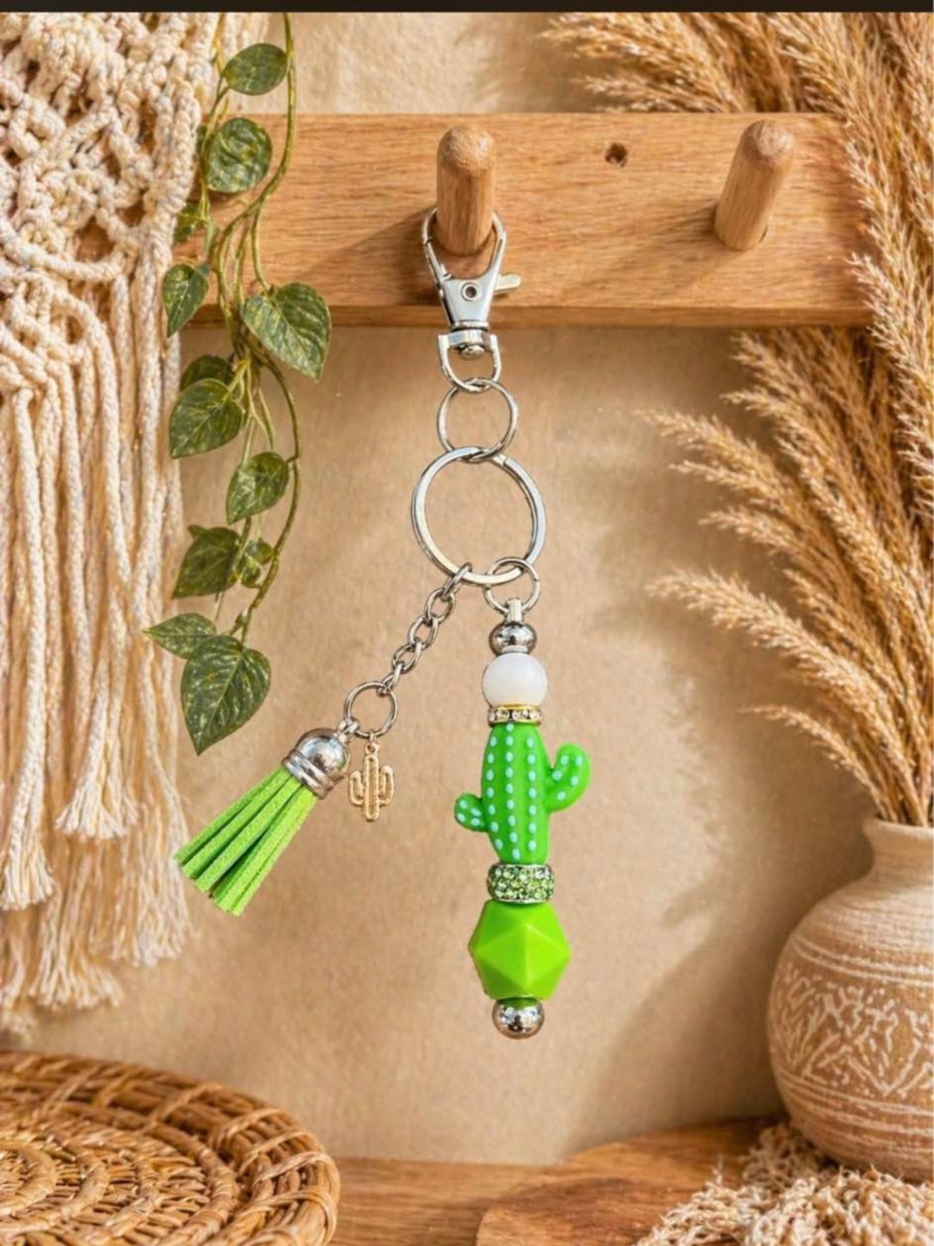Cactus Tassel Keychain | Cute Green Beaded Bag Charm with Boho Desert Vibes 🌵✨