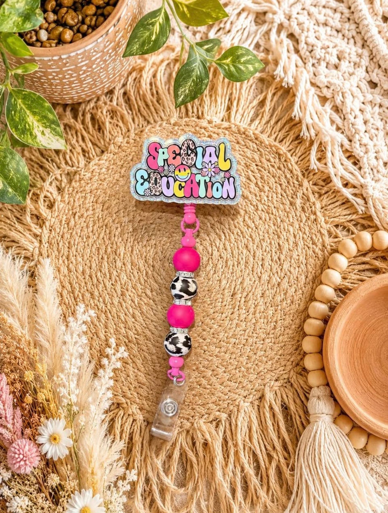 Special Education Badge Reel – Pink Beaded Retractable ID Holder
