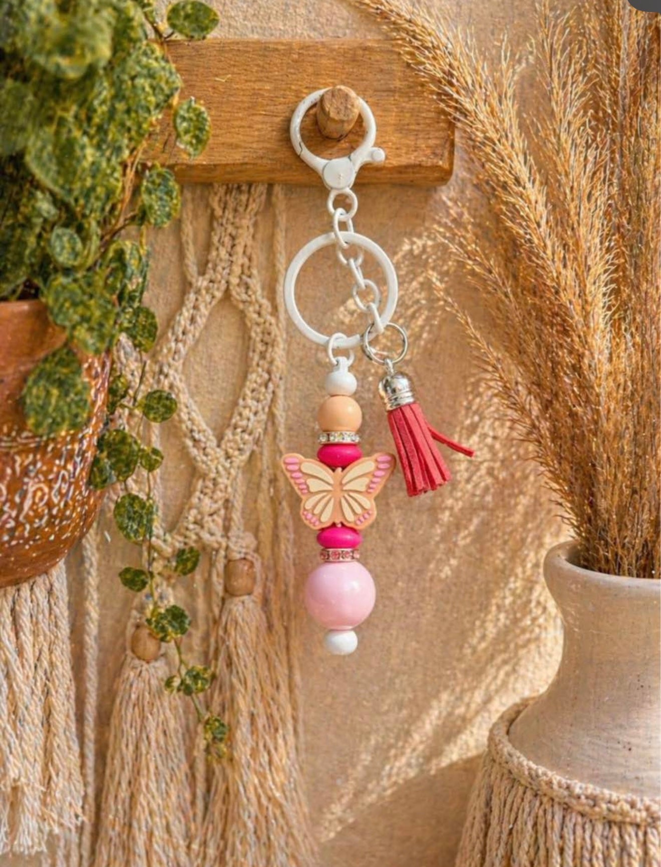 Pink Butterfly Tassel Keychain | Cute Boho Beaded Bag Charm & Car Key Accessory for Women