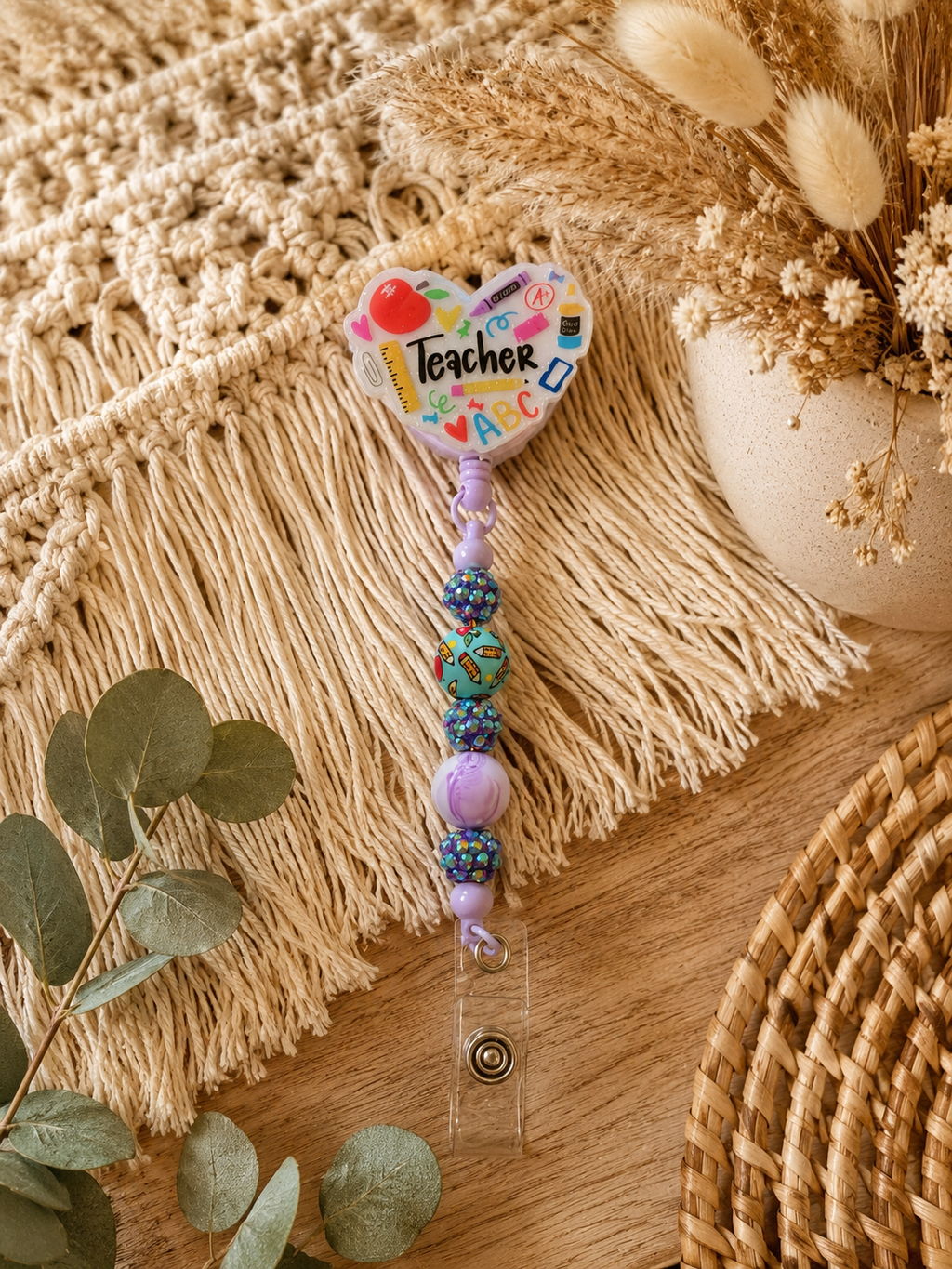 Teacher Heart Badge Reel – Purple Beaded Retractable ID Holder | Cute Teacher Lanyard Alternative | Back to School Gift