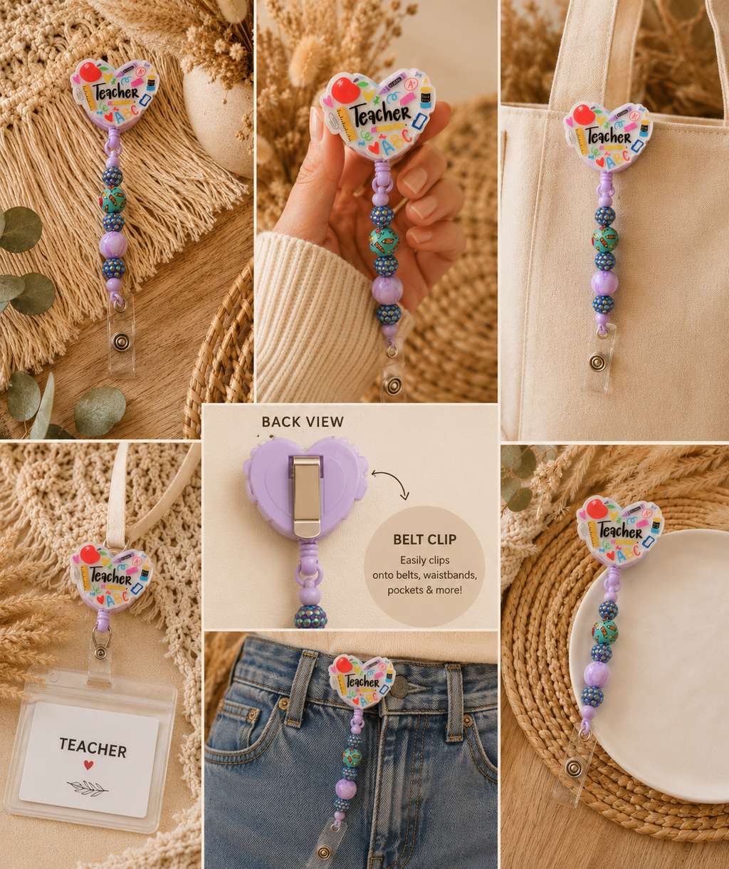 Teacher Heart Badge Reel – Purple Beaded Retractable ID Holder | Cute Teacher Lanyard Alternative | Back to School Gift