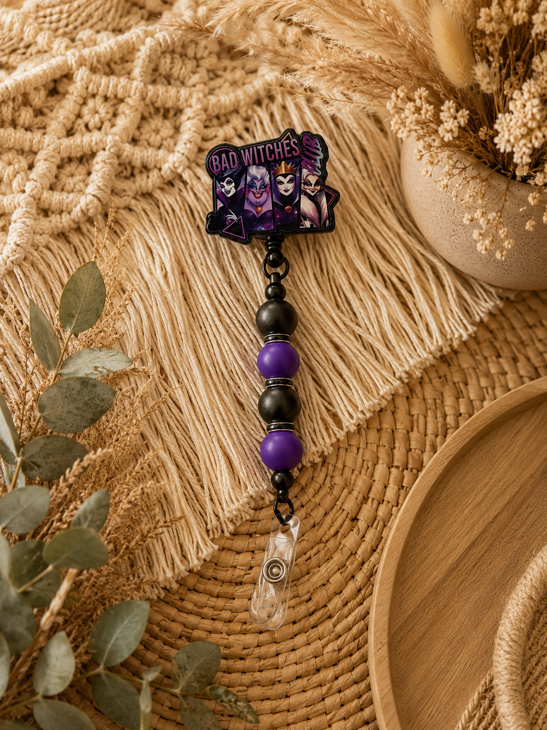 Bad Witches Club Badge Reel – Villain Inspired Beaded Retractable ID Holder | Purple & Black Badge Reel | Halloween Accessory