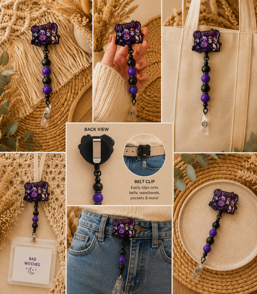 Bad Witches Club Badge Reel – Villain Inspired Beaded Retractable ID Holder | Purple & Black Badge Reel | Halloween Accessory