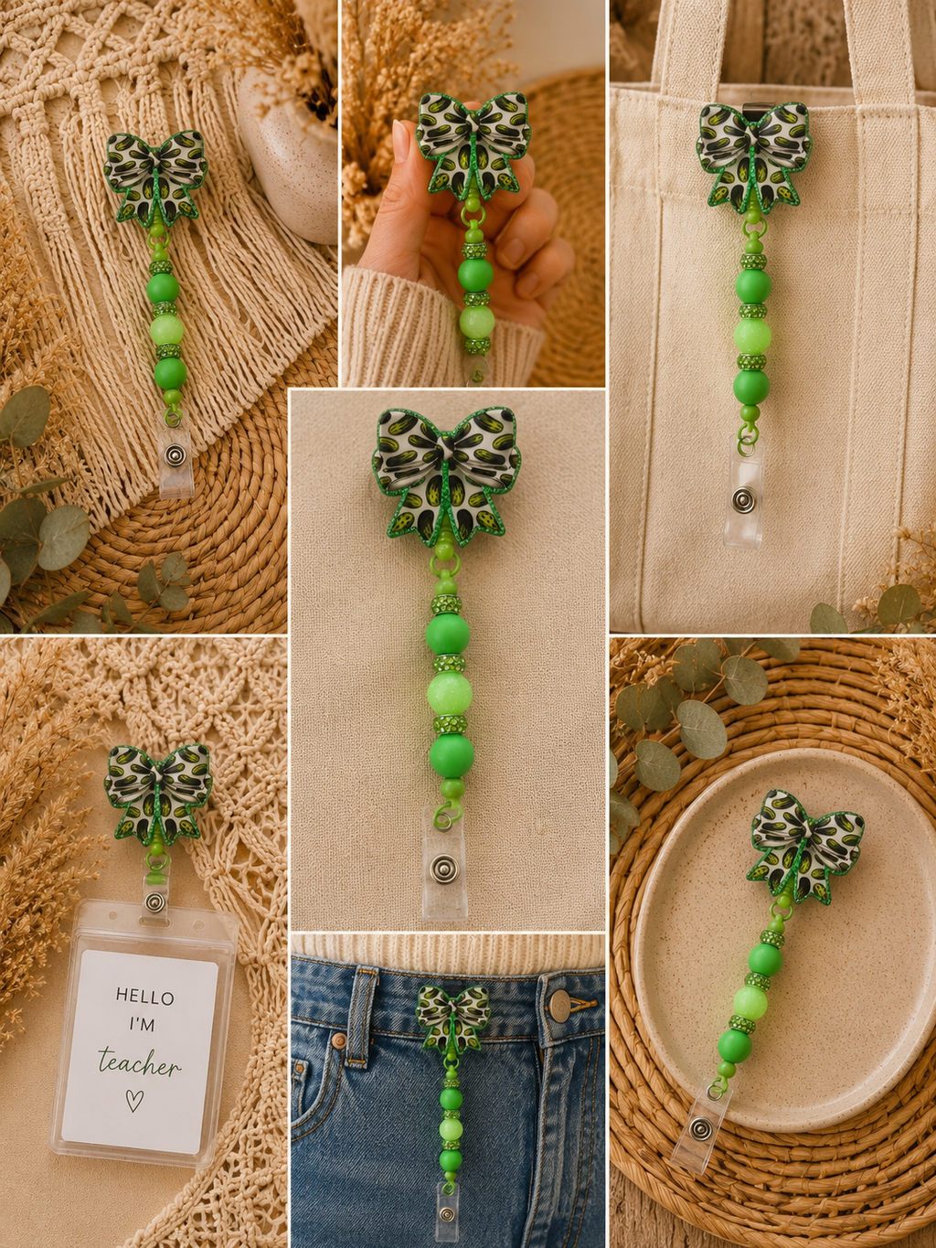 Pickle Bow Belt Clip Badge Reel – Green Beaded Retractable ID Holder | Pickle Lover Badge Reel | Fun Work Accessory