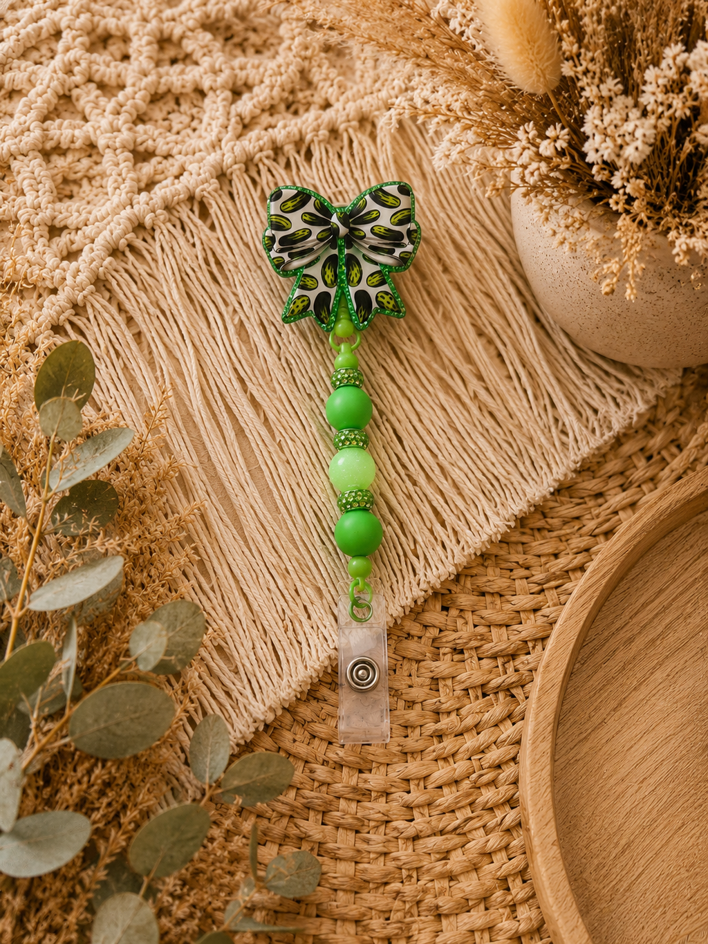 Pickle Bow Belt Clip Badge Reel – Green Beaded Retractable ID Holder | Pickle Lover Badge Reel | Fun Work Accessory