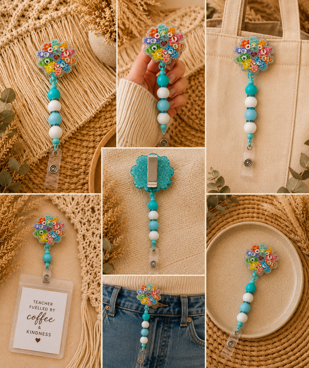 Care Bears Heart Belt Clip Badge Reel – Blue & White Beaded Retractable ID Holder | Rainbow Bear Inspired Work Accessory