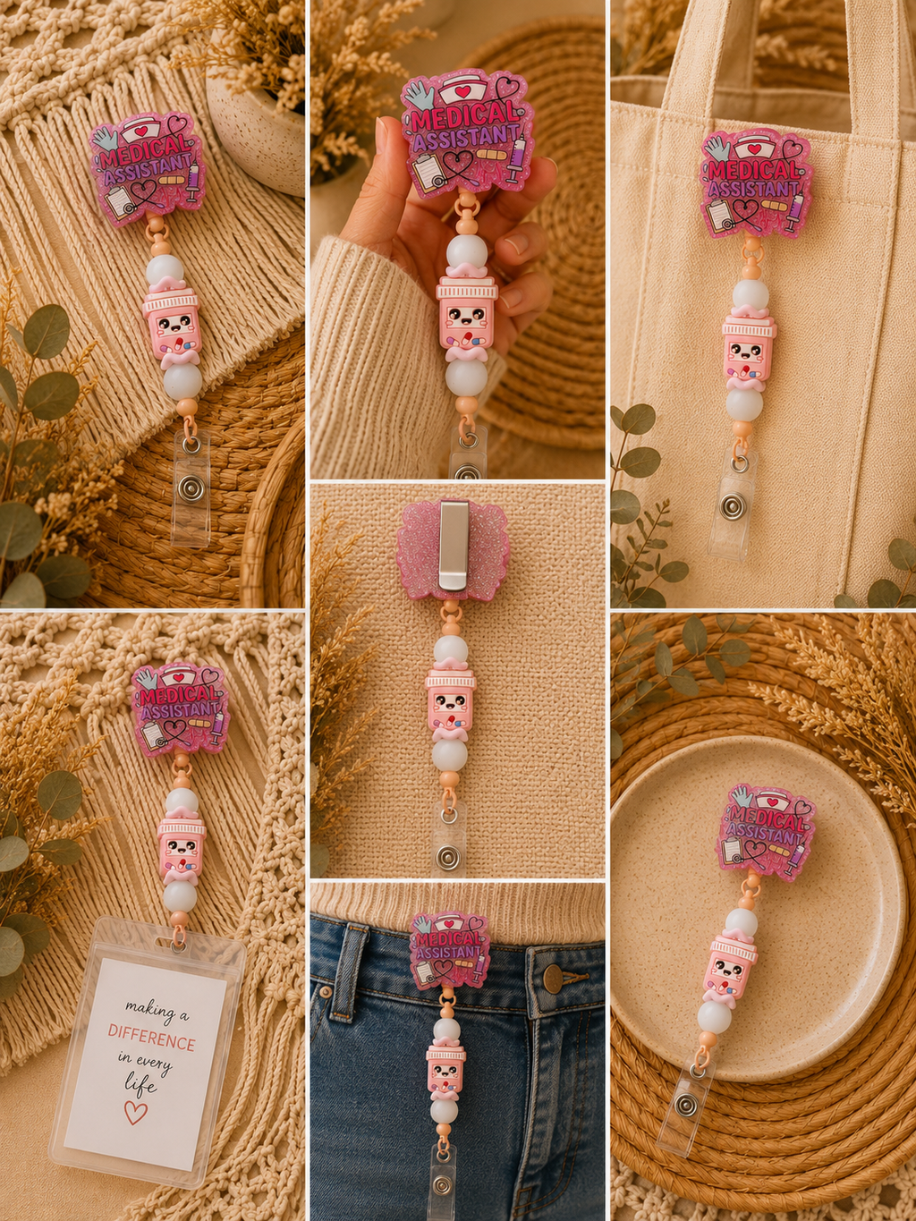 Medical Assistant Belt Clip Badge Reel – Pink Beaded Retractable ID Holder | Healthcare Worker Badge Reel | Cute Work Accessory