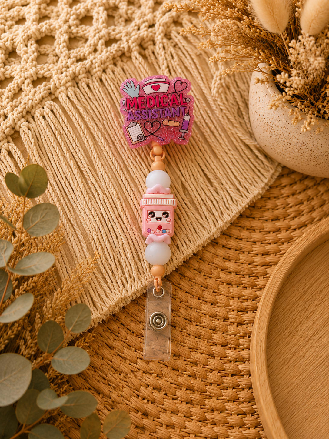 Medical Assistant Belt Clip Badge Reel – Pink Beaded Retractable ID Holder | Healthcare Worker Badge Reel | Cute Work Accessory