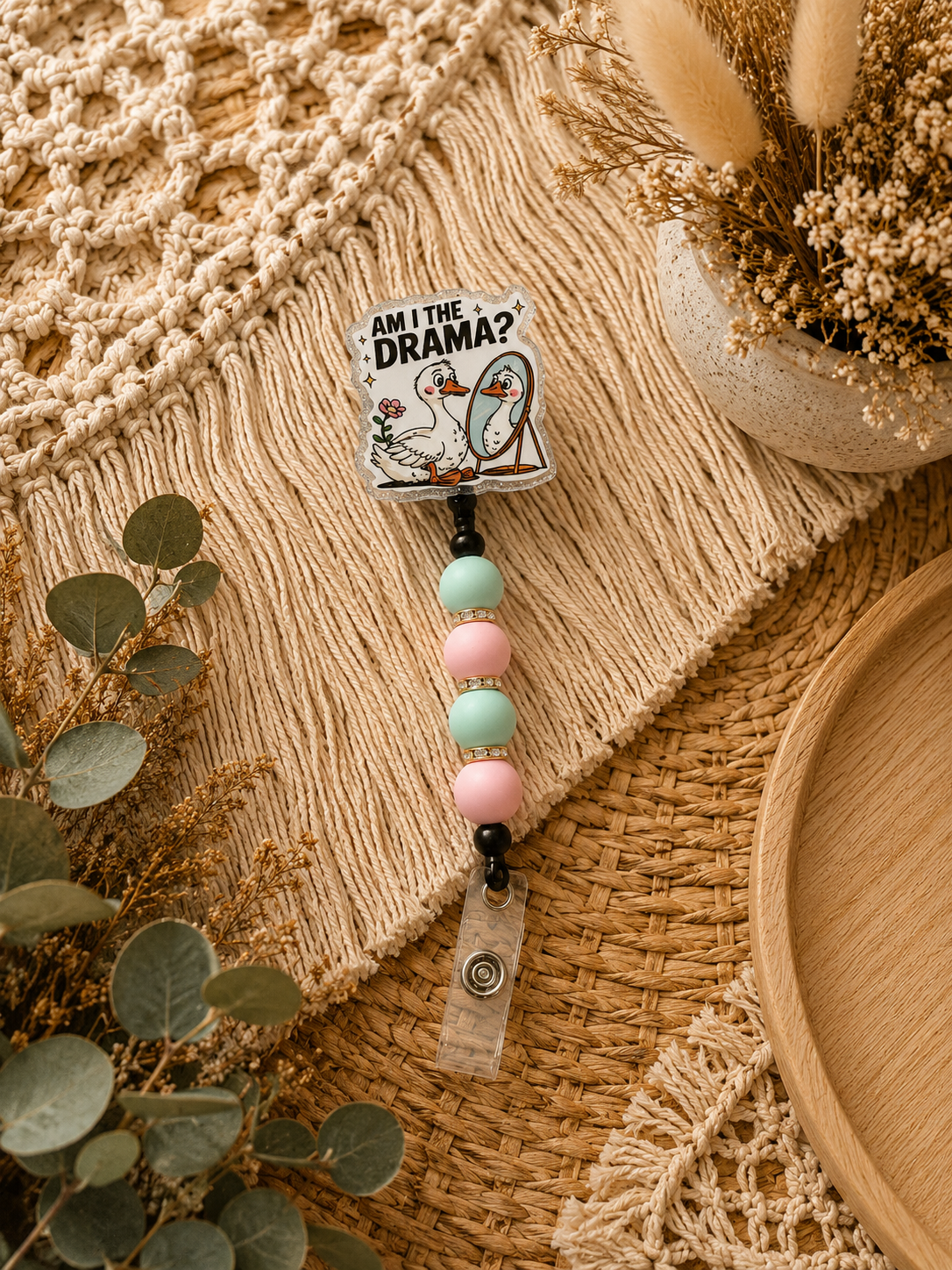 Am I The Drama? Goose Belt Clip Badge Reel – Funny Beaded Retractable ID Holder | Cute Goose Work Accessory