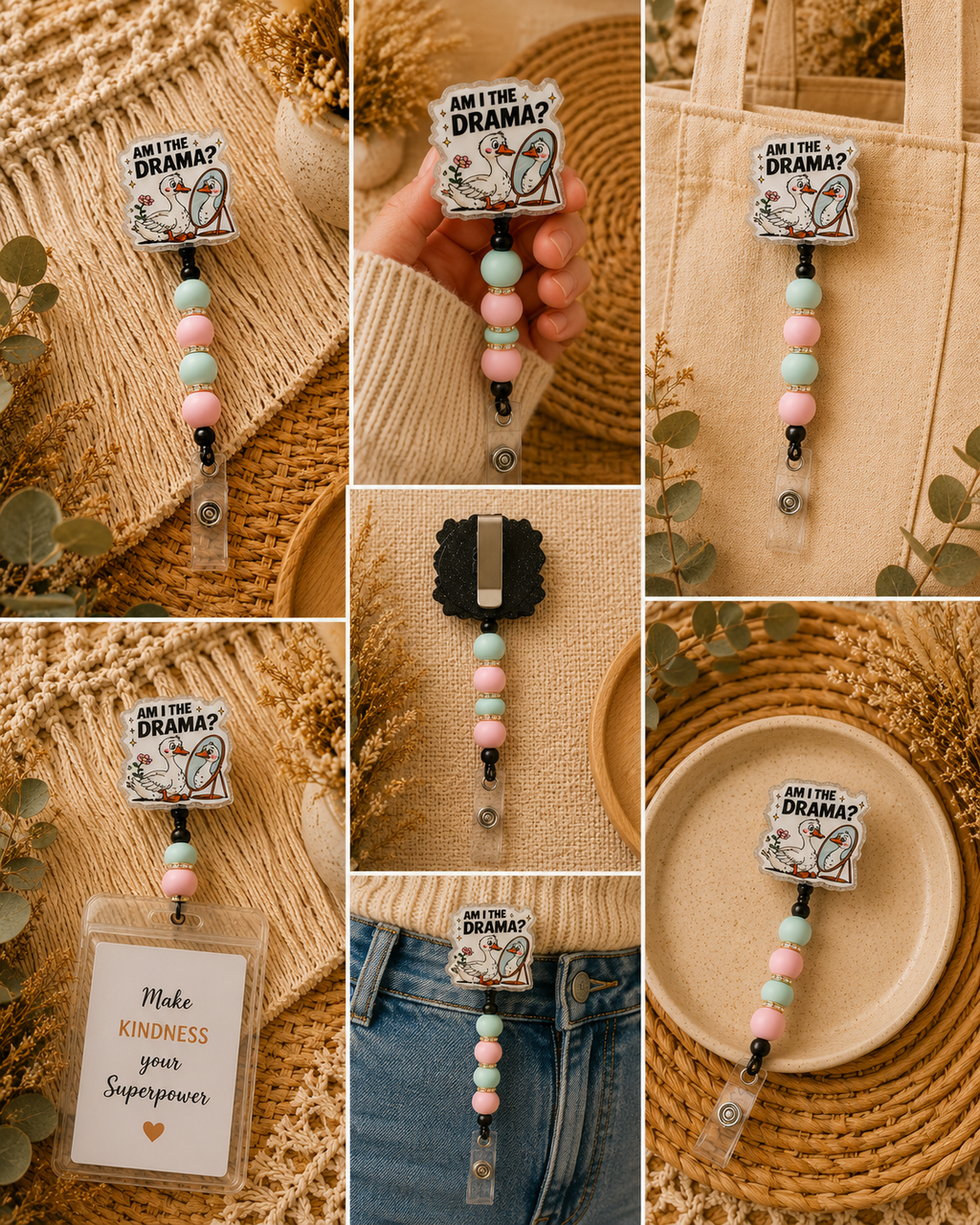 Am I The Drama? Goose Belt Clip Badge Reel – Funny Beaded Retractable ID Holder | Cute Goose Work Accessory