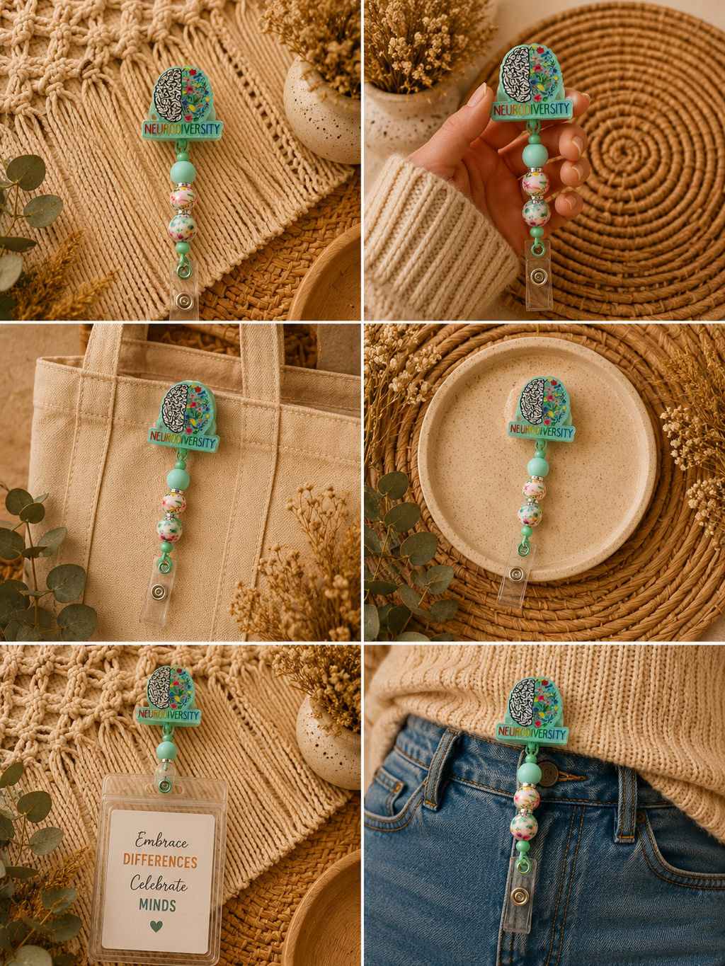 Neurodiversity Belt Clip Badge Reel – Floral Brain Beaded Retractable ID Holder | Autism & ADHD Awareness Work Accessory