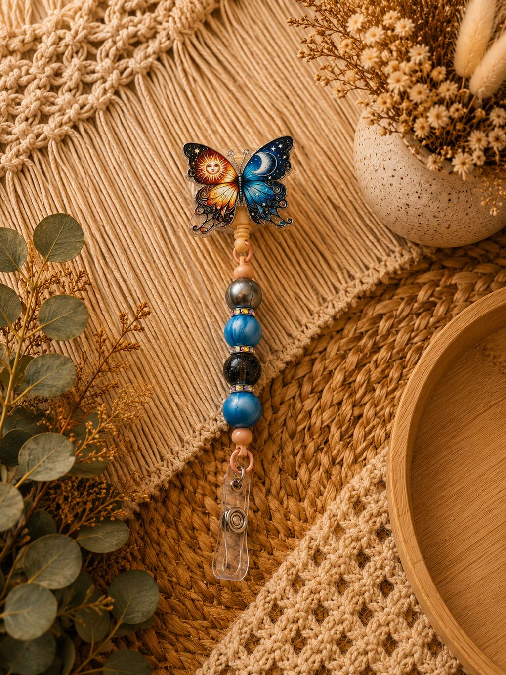 Celestial Butterfly Belt Clip Badge Reel – Sun & Moon Beaded Retractable ID Holder | Boho Butterfly Work Accessory