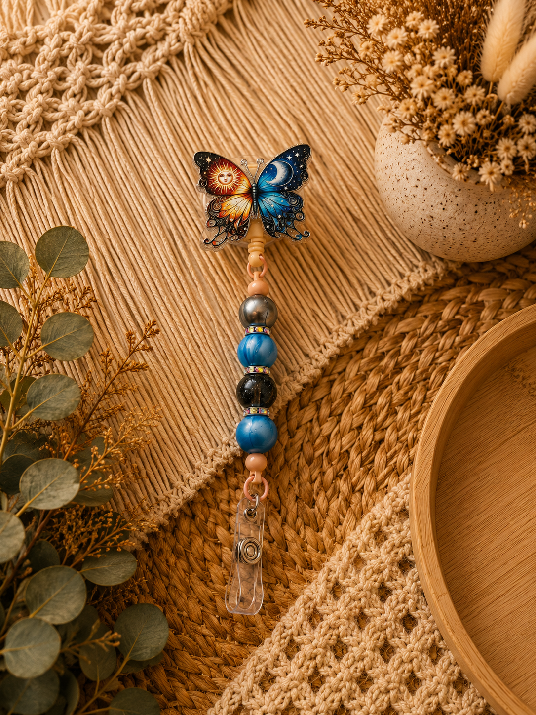 Celestial Butterfly Belt Clip Badge Reel – Sun & Moon Beaded Retractable ID Holder | Boho Butterfly Work Accessory
