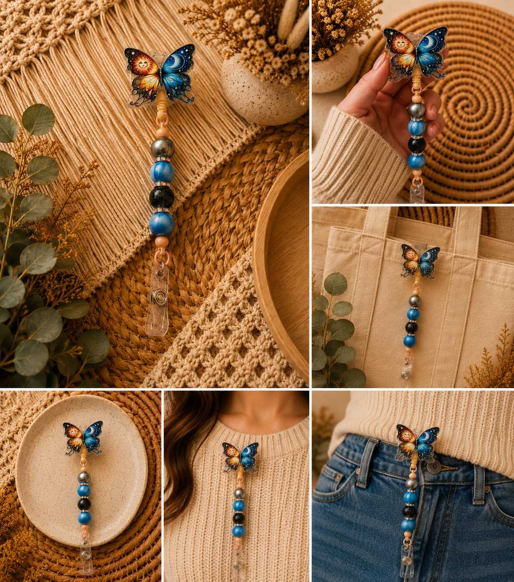 Celestial Butterfly Belt Clip Badge Reel – Sun & Moon Beaded Retractable ID Holder | Boho Butterfly Work Accessory