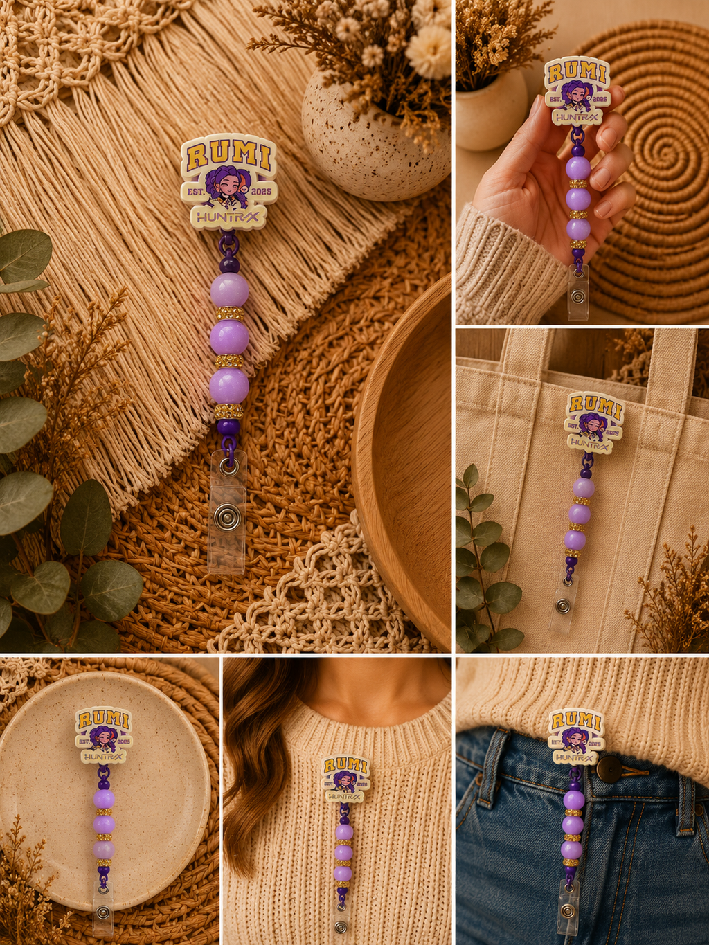 Rumi Belt Clip Badge Reel – Purple Beaded Retractable ID Holder | K-Pop Inspired Work Accessory