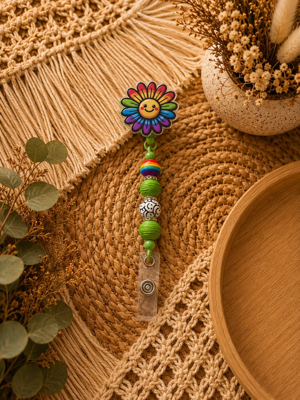 Rainbow Smiley Flower Belt Clip Badge Reel – Colorful Beaded Retractable ID Holder | Happy Flower Work Accessory