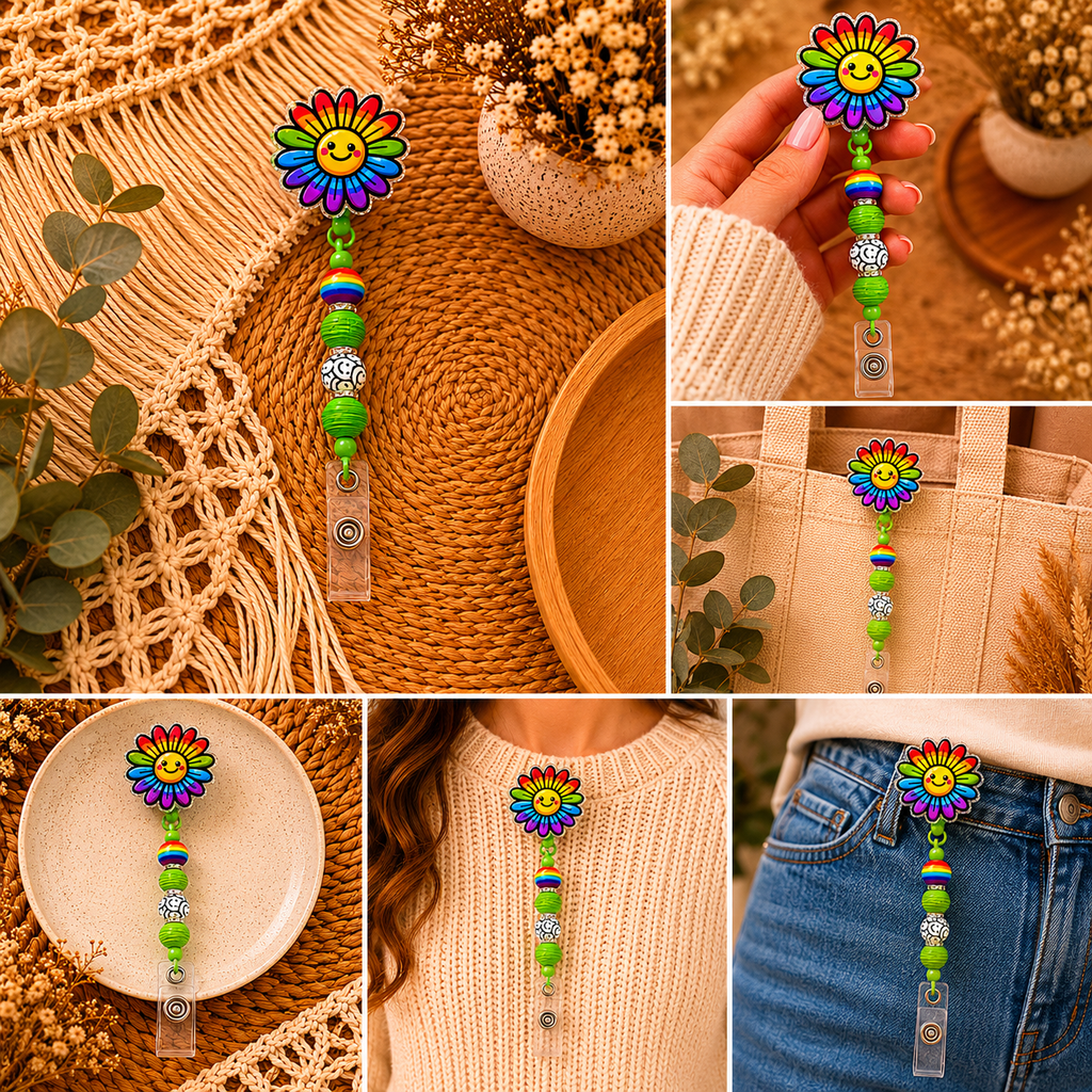 Rainbow Smiley Flower Belt Clip Badge Reel – Colorful Beaded Retractable ID Holder | Happy Flower Work Accessory