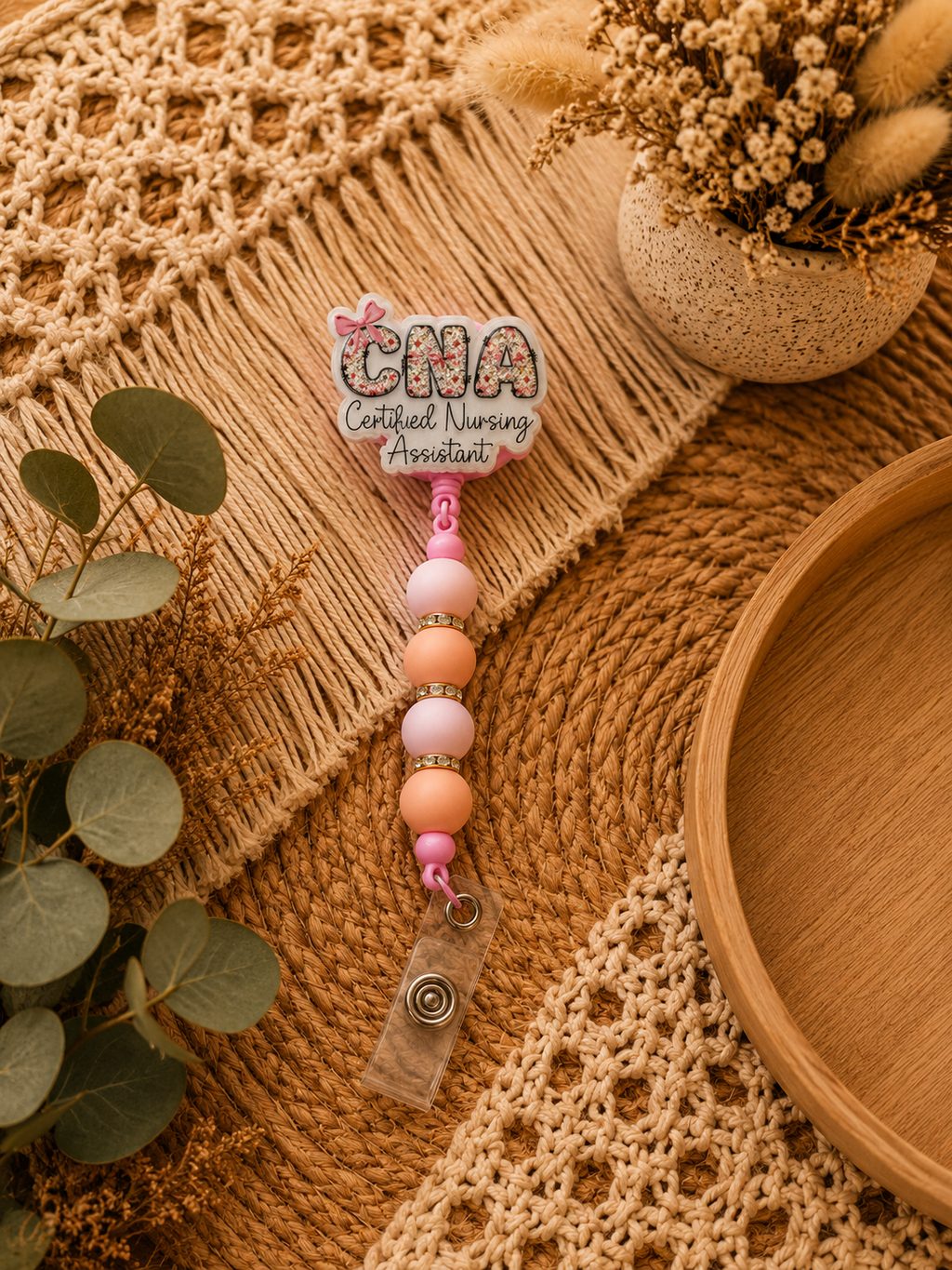 CNA Belt Clip Badge Reel – Certified Nursing Assistant Beaded Retractable ID Holder | Pink Healthcare Work Accessory