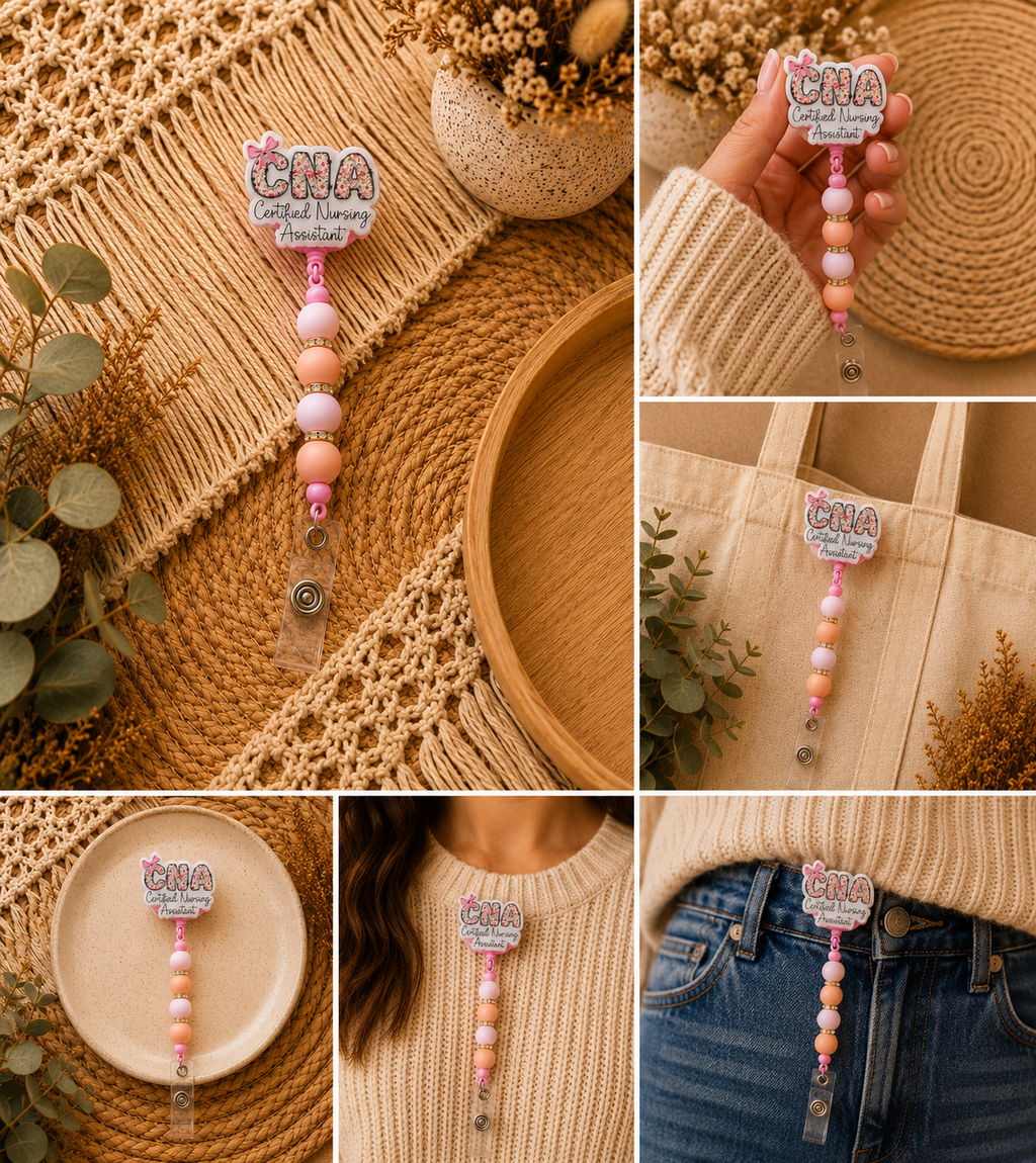 CNA Belt Clip Badge Reel – Certified Nursing Assistant Beaded Retractable ID Holder | Pink Healthcare Work Accessory