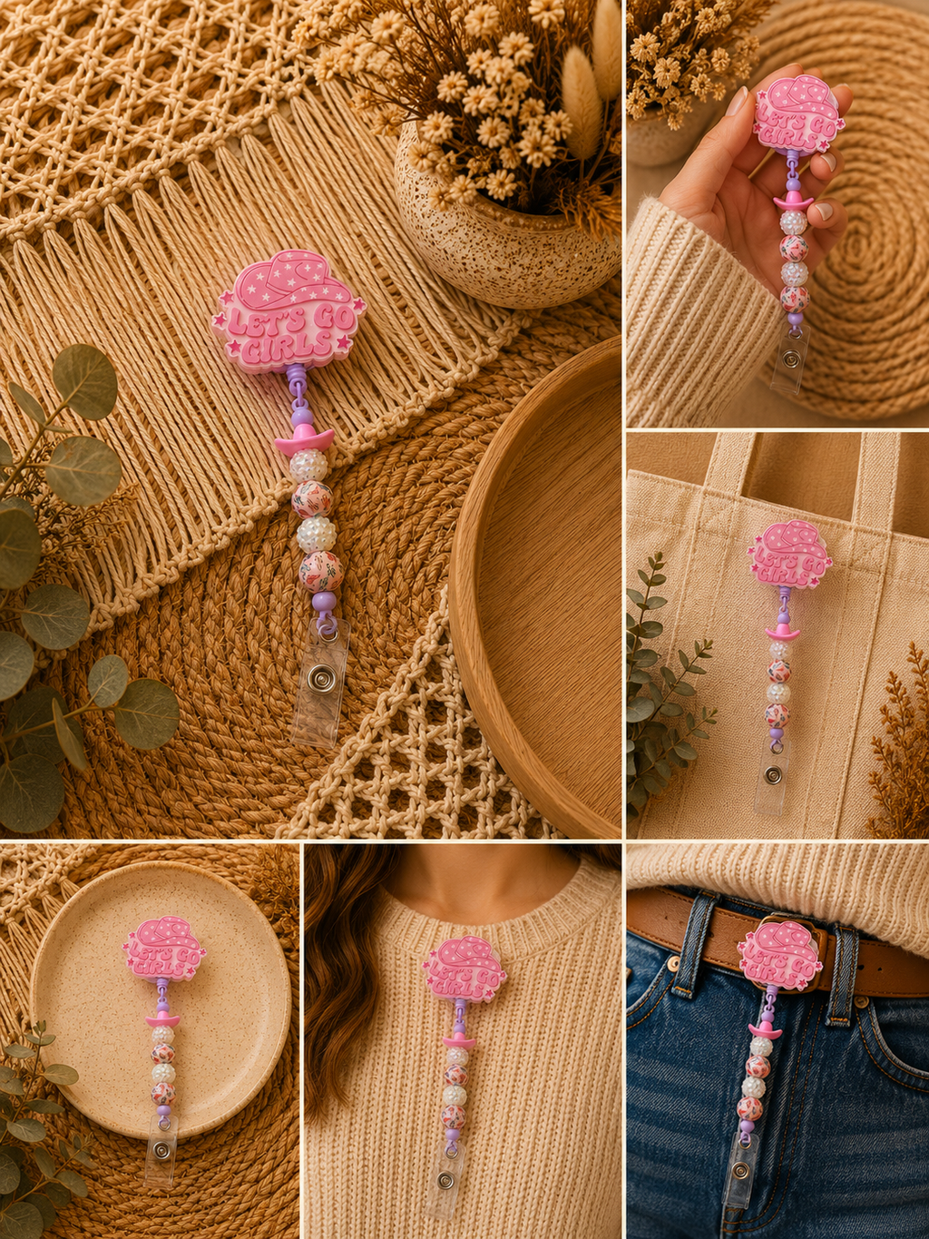 Let’s Go Girls Belt Clip Badge Reel – Pink Cowgirl Beaded Retractable ID Holder | Western Work Accessory