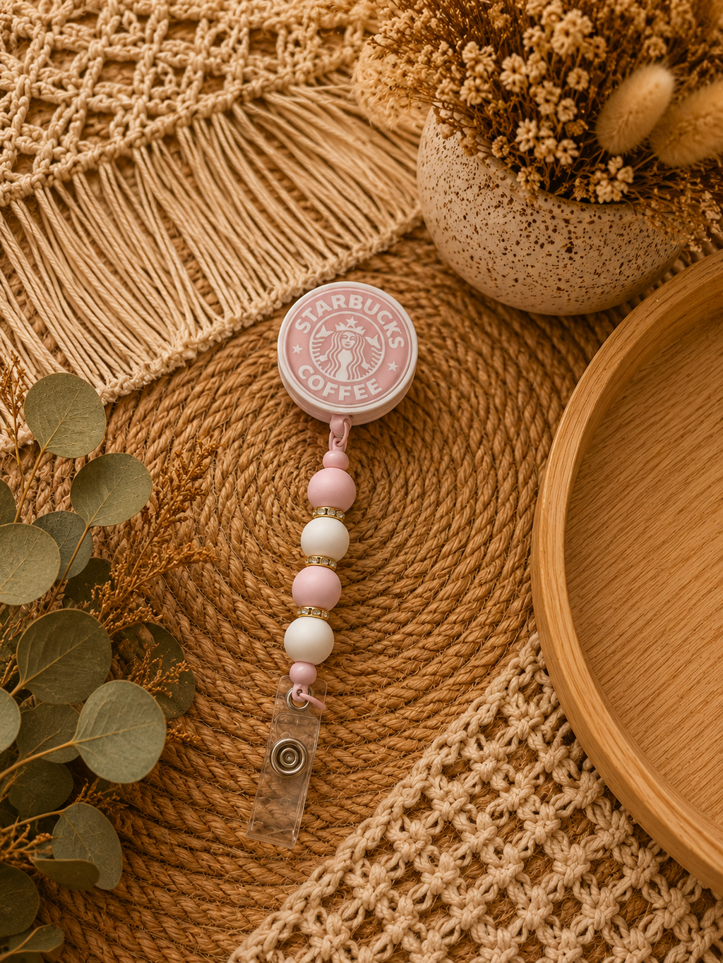 Pink Coffee Lover Belt Clip Badge Reel – Pink & White Beaded Retractable ID Holder | Coffee-Inspired Work Accessory