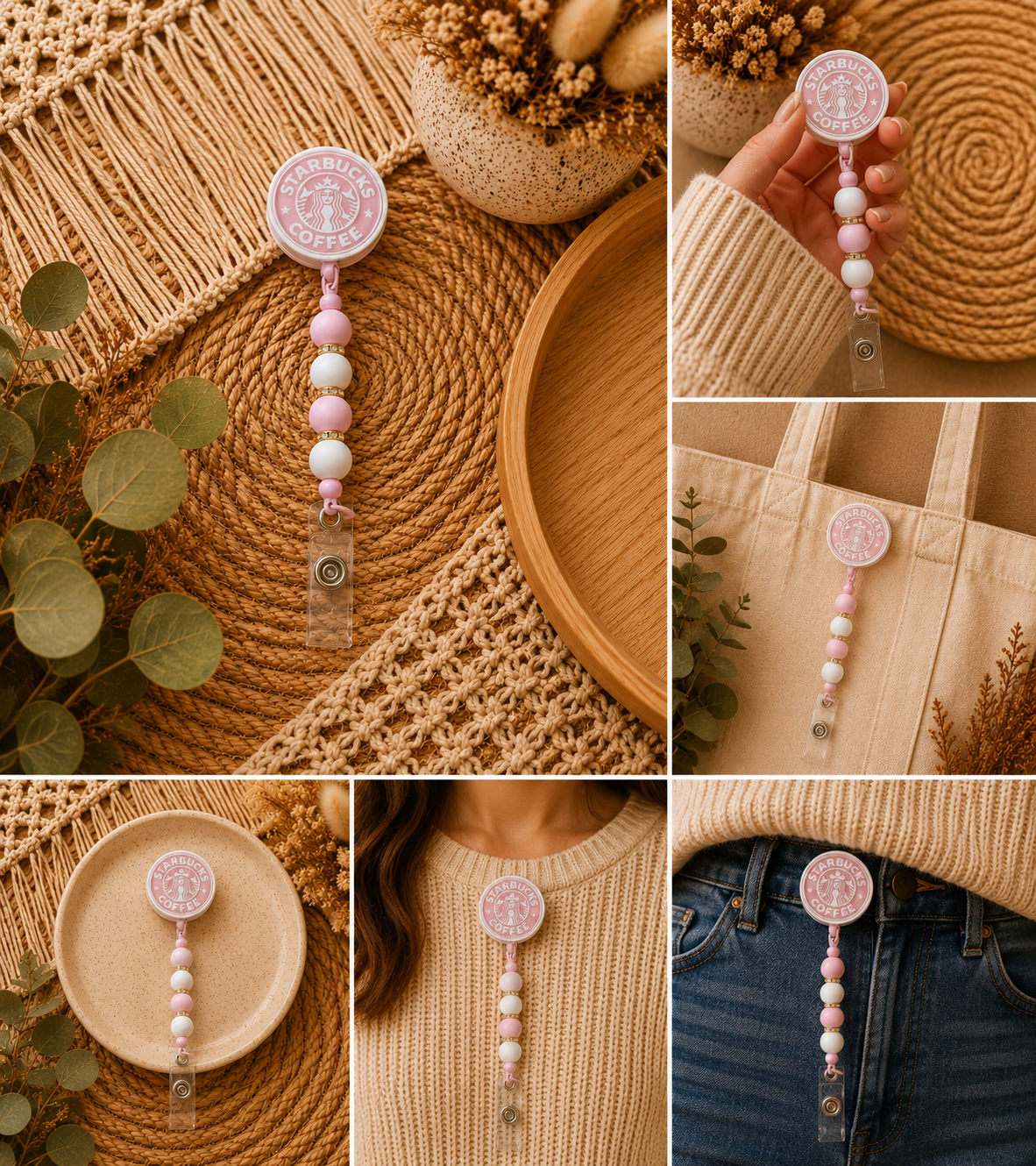 Pink Coffee Lover Belt Clip Badge Reel – Pink & White Beaded Retractable ID Holder | Coffee-Inspired Work Accessory
