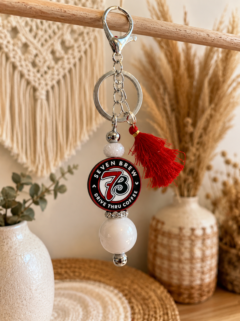 Seven Brew Inspired Beaded Keychain with Red Tassel – Coffee Lover Accessory