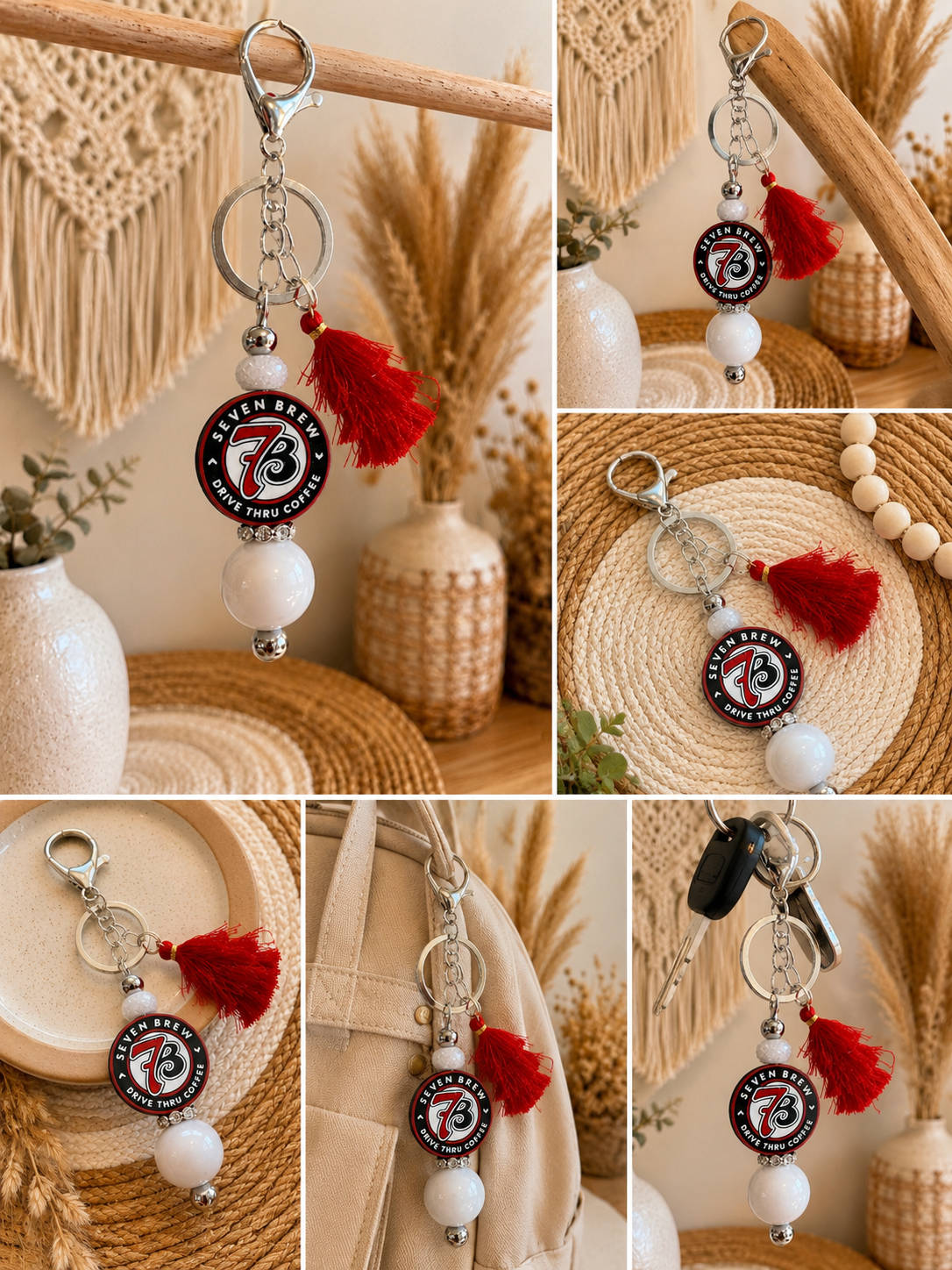 Seven Brew Inspired Beaded Keychain with Red Tassel – Coffee Lover Accessory
