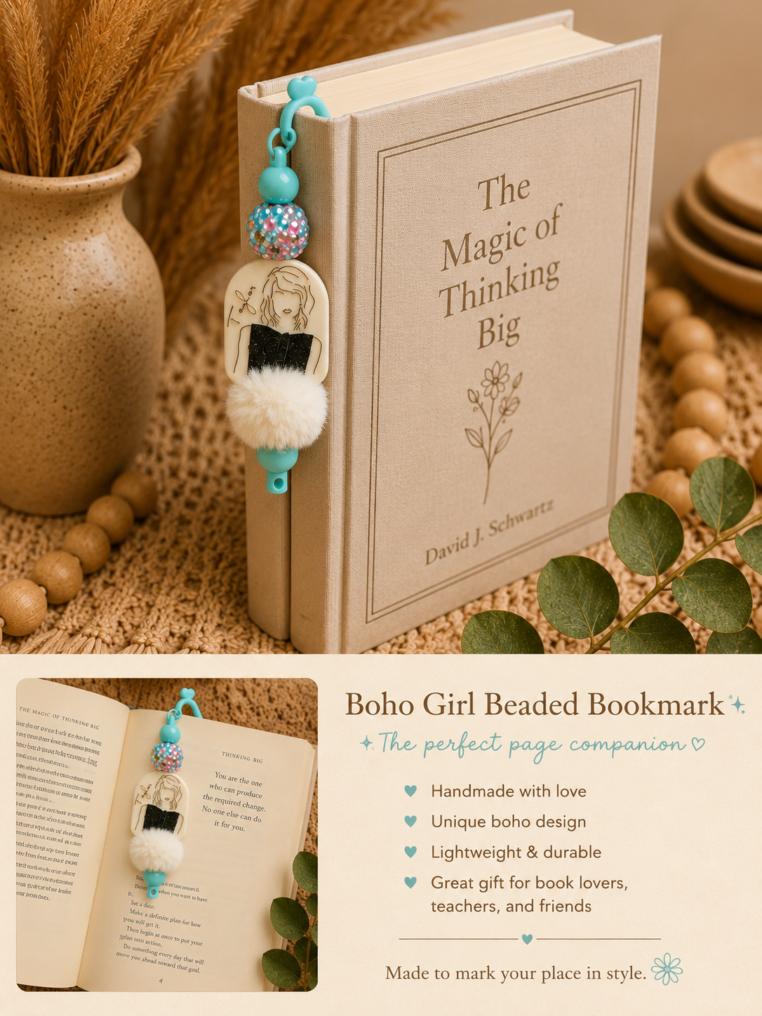 📚 Boho Girl Beaded Bookmark | Reader Bookmark with Pom Pom | Handmade Book Lover Gift | Cute Reading Accessory | Teacher Gift