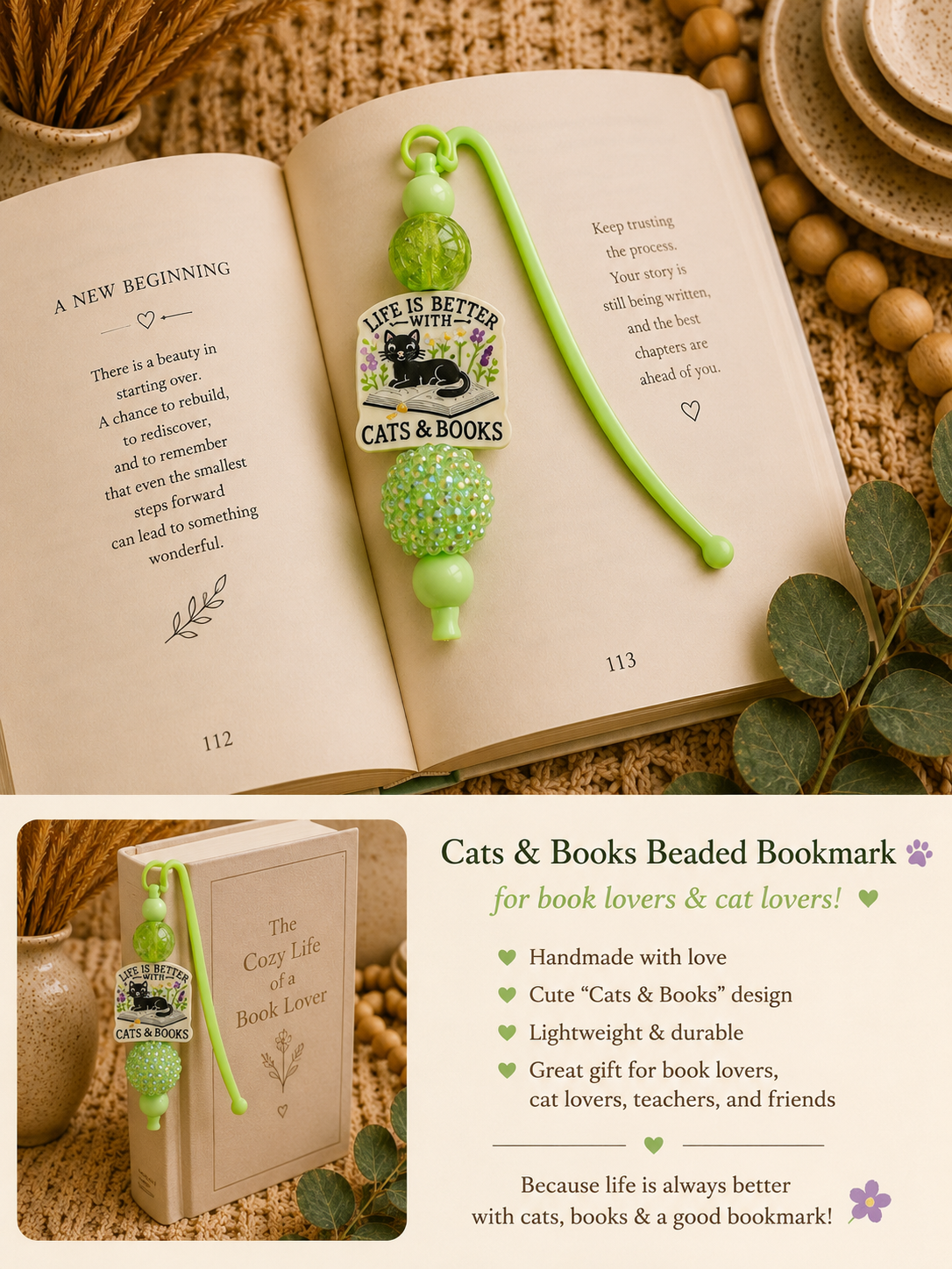 🐱 Life Is Better With Cats & Books Beaded Bookmark | Cat Lover Bookmark | Book Lover Gift | Handmade Reader Accessory | Teacher Gift