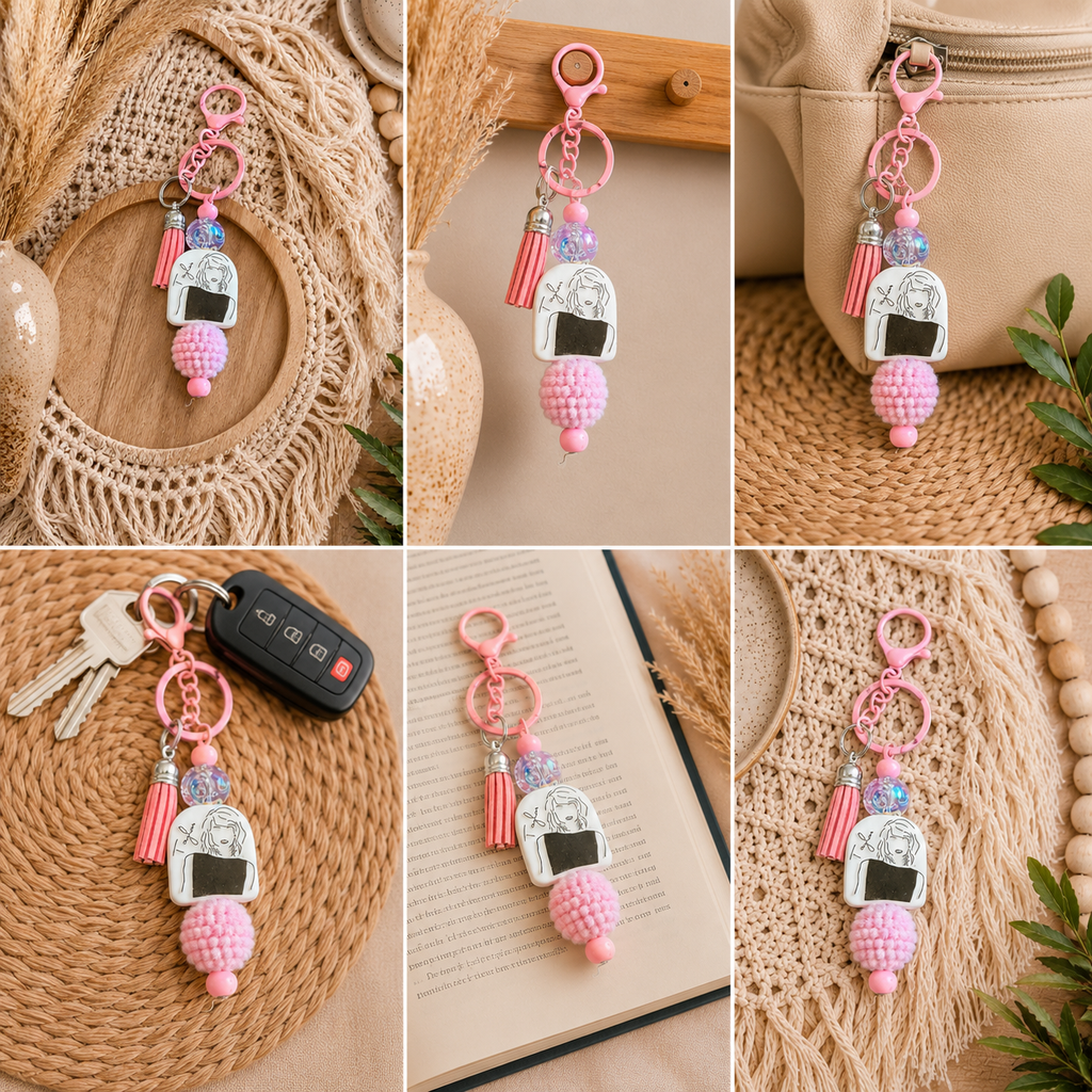 🎀 Pink Coquette Girl Beaded Keychain | Handmade Purse Charm | Girly Tassel Accessory