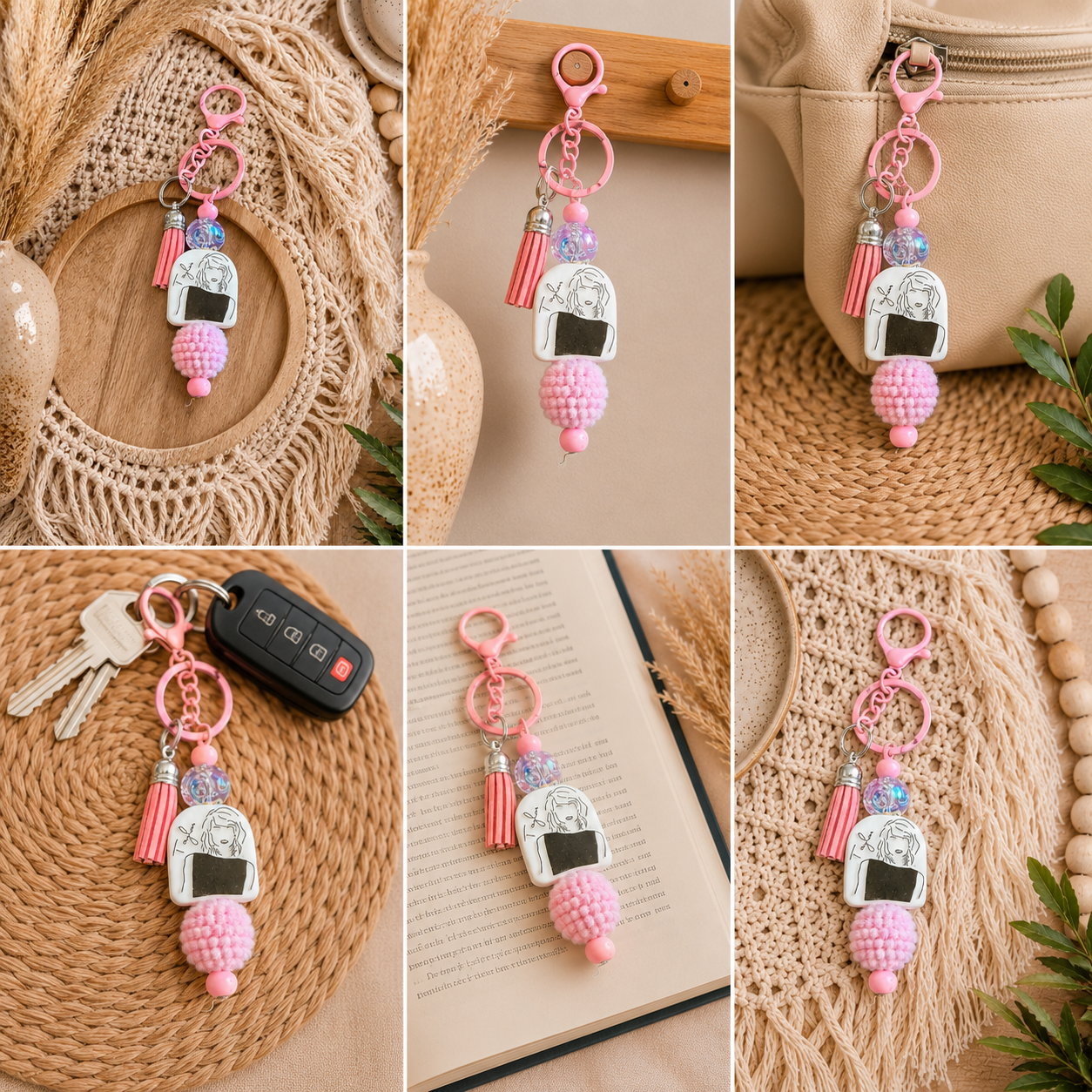 🎀 Pink Coquette Girl Beaded Keychain | Handmade Purse Charm | Girly Tassel Accessory