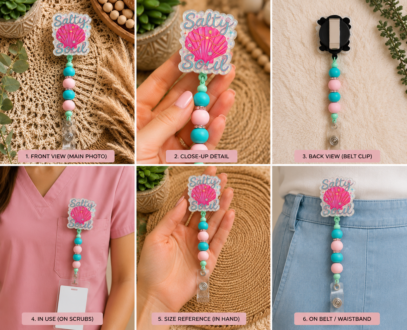 Salty Soul Beaded Badge Reel – Cute Beach Inspired Belt Clip ID Holder