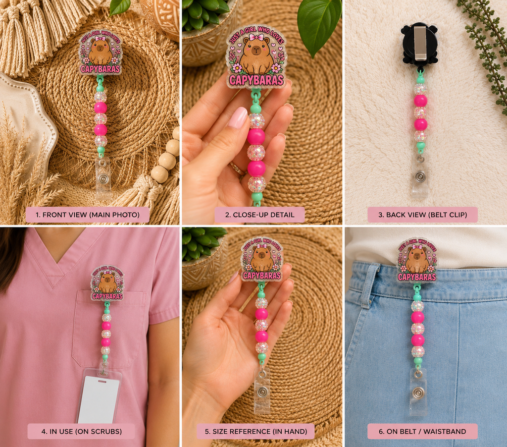 Capybara Badge Reel | Cute Pink & Mint Beaded Retractable ID Holder for Nurses, Teachers & Office Staff