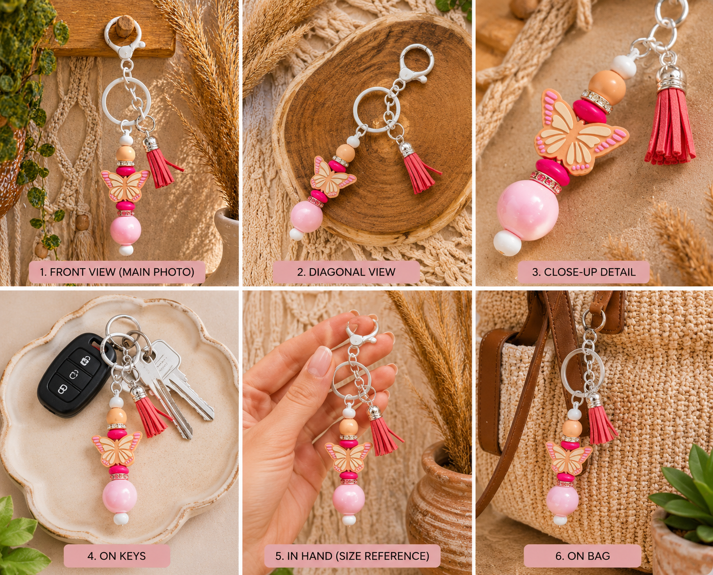 Pink Butterfly Tassel Keychain | Cute Boho Beaded Bag Charm & Car Key Accessory for Women
