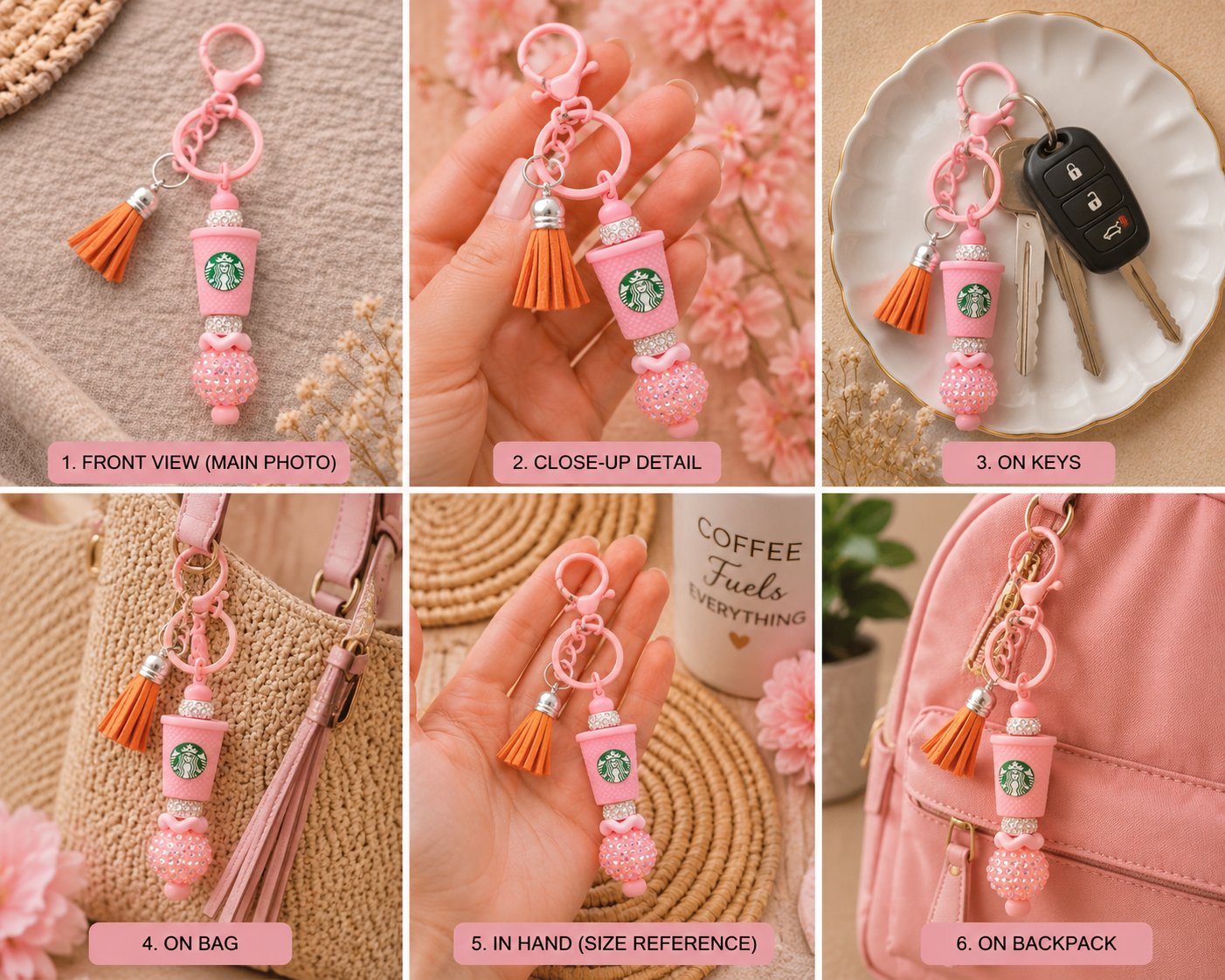 Pink Coffee Cup Keychain | Cute Beaded Tassel Bag Charm for Coffee Lovers & Pink Aesthetic Accessories ☕🩷