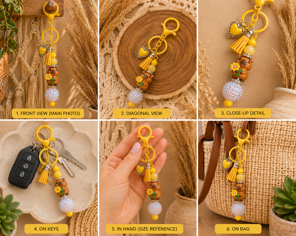 Sunflower Capybara Keychain | Cute Yellow Beaded Bag Charm with Tassel & Heart Accent 🌻🧸