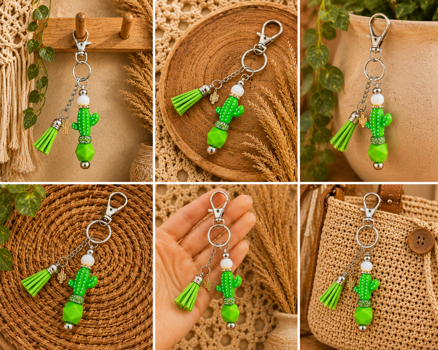 Cactus Tassel Keychain | Cute Green Beaded Bag Charm with Boho Desert Vibes 🌵✨