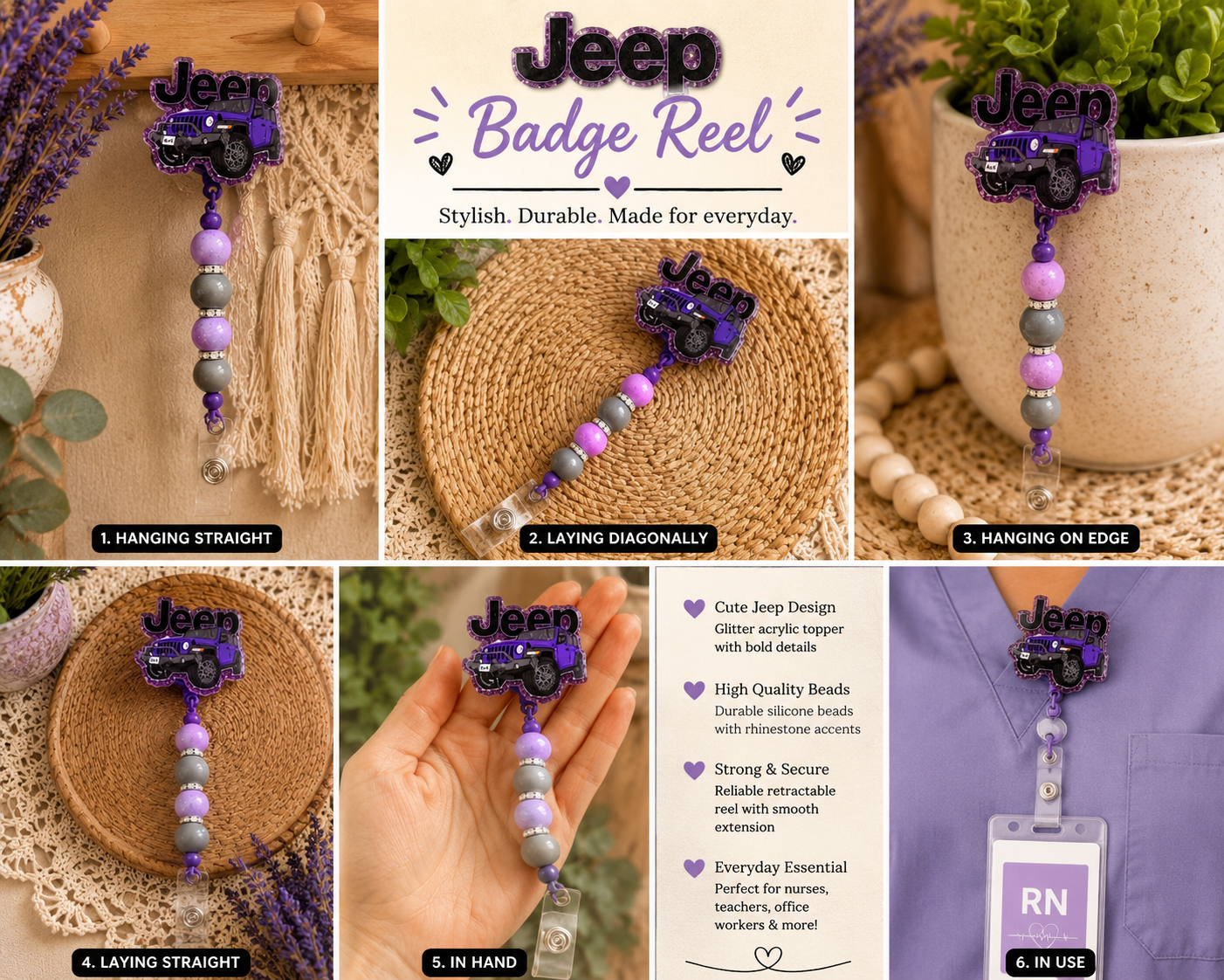 Purple Jeep Badge Reel | Glitter Jeep Retractable ID Holder for Nurses, Teachers & Jeep Lovers 💜🚙