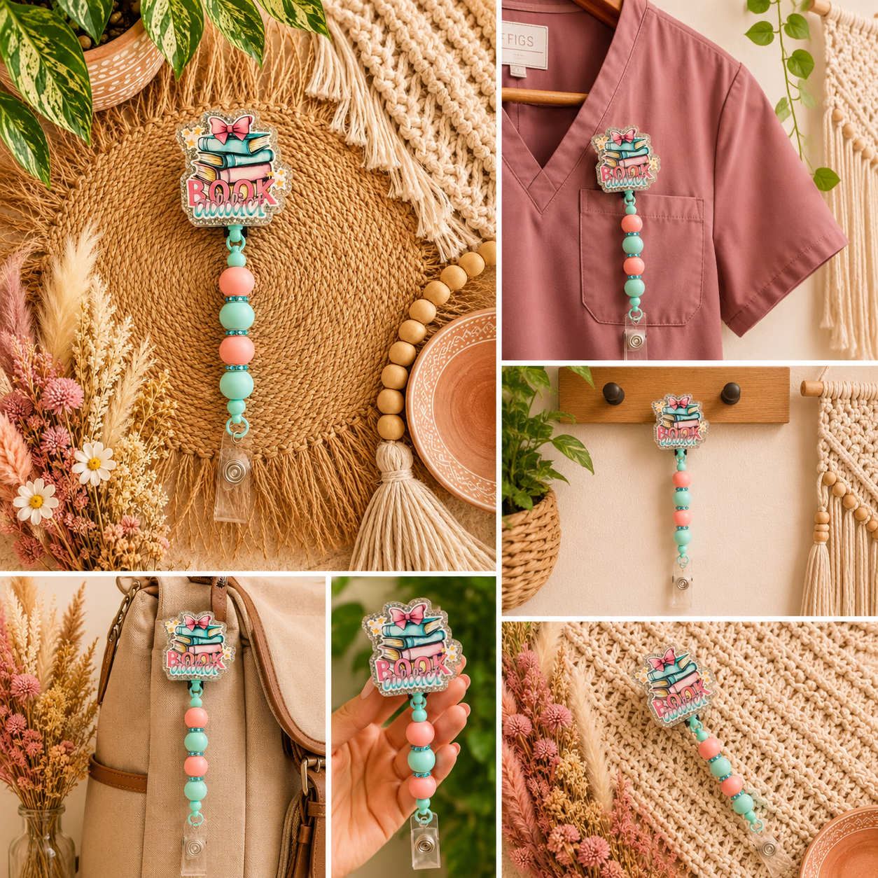 Book Addict Beaded Badge Reel – Pastel Reader ID Holder, Teacher & Librarian Badge Reel, Book Lover Gift