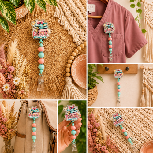 Book Addict Beaded Badge Reel – Pastel Reader ID Holder, Teacher & Librarian Badge Reel, Book Lover Gift