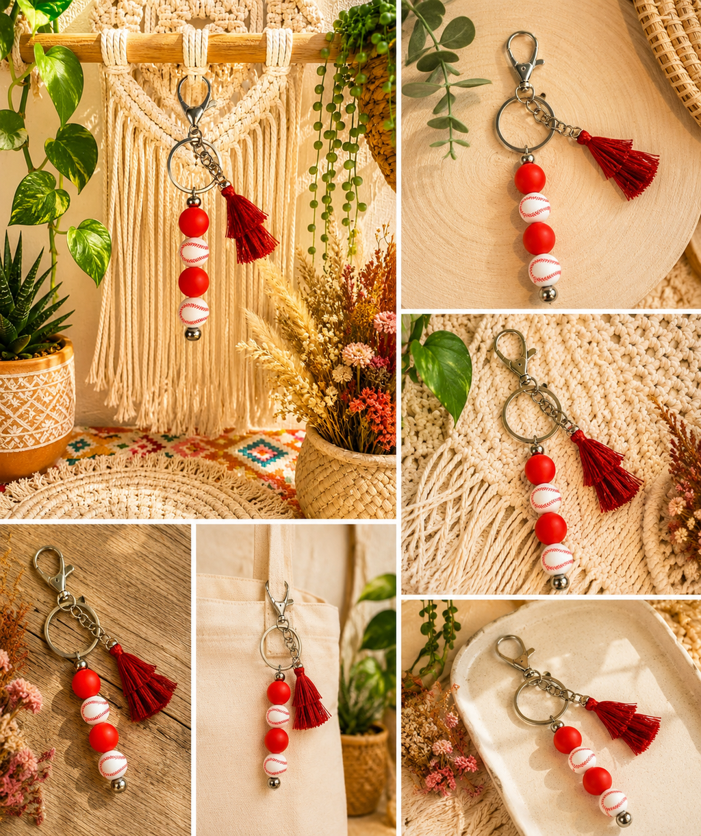 Baseball Tassel Beaded Keychain – Handmade Sports Fan Accessory