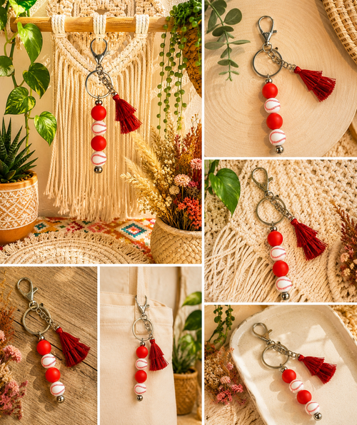 Baseball Tassel Beaded Keychain – Handmade Sports Fan Accessory