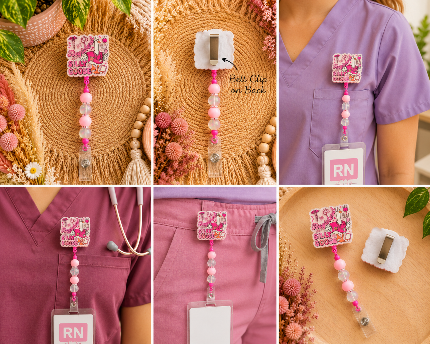 Registered Silly Goose Badge Reel – Pink Beaded Retractable ID Holder