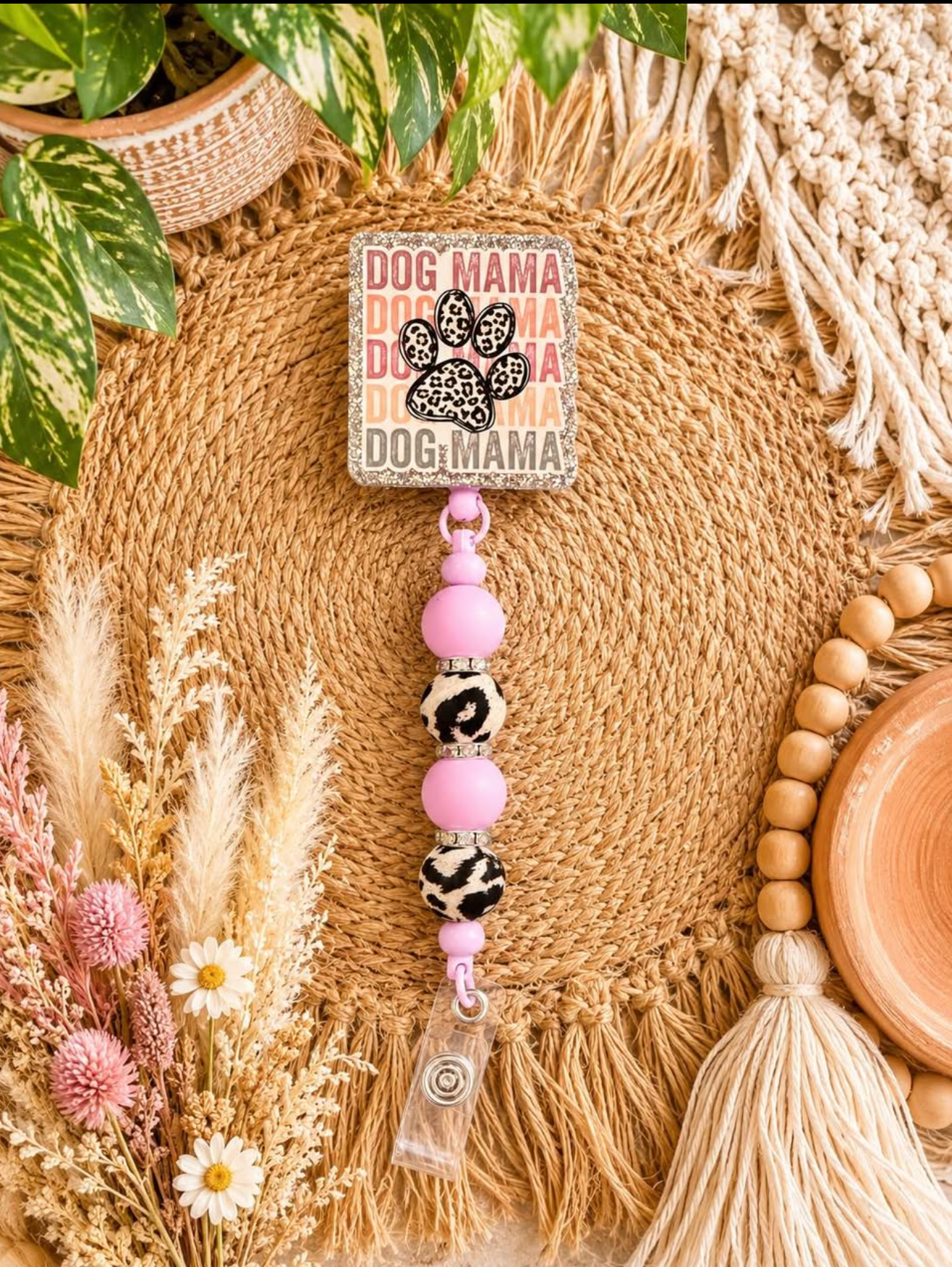 Dog Mama Beaded Badge Reel – Retractable ID Holder