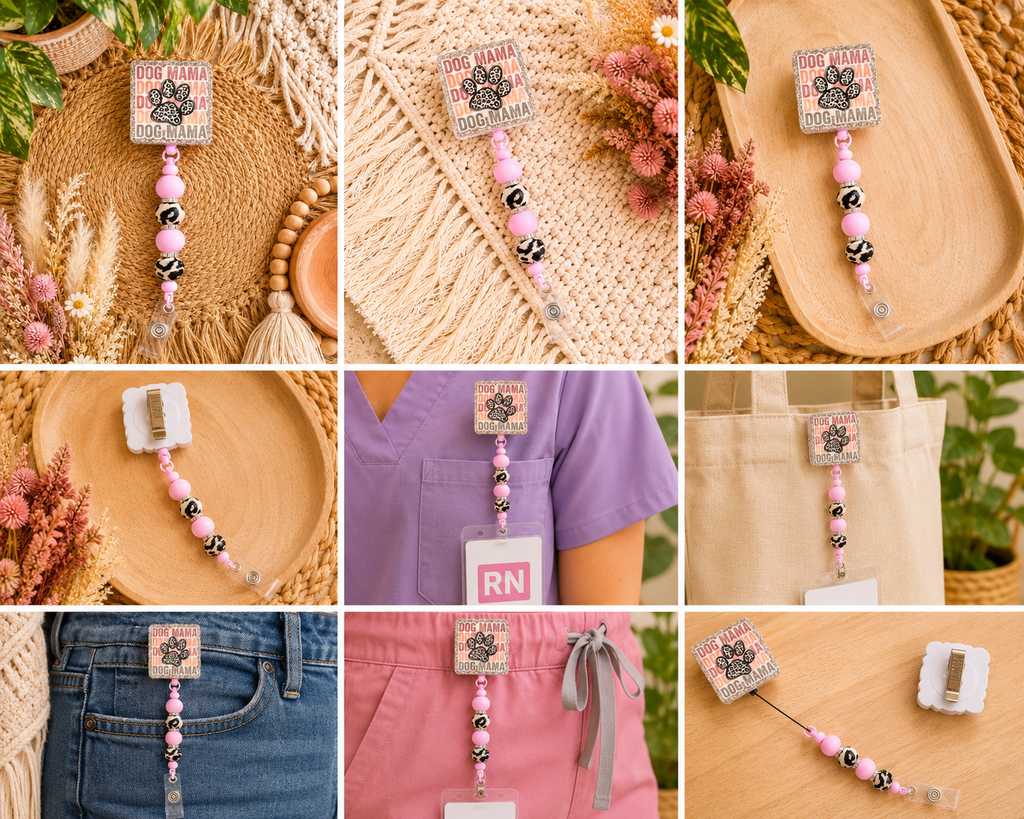 Dog Mama Beaded Badge Reel – Retractable ID Holder